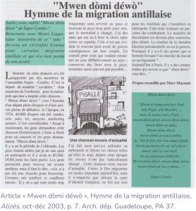 article mwen domi dewo - hymne de la migration antillaise 2003